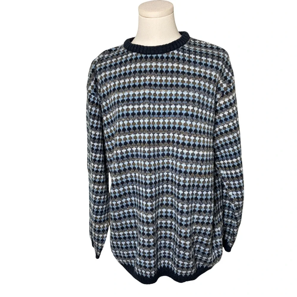 Geometric Knit Cotton Crewneck Sweater Alan Flusser Blue Brown Mens M